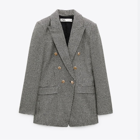 NWT Zara Black and White Double Breasted Houndstooth Blazer with Gold Buttons - Picture 2 of 11